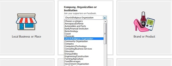 Facebook category options choosing Facebook page